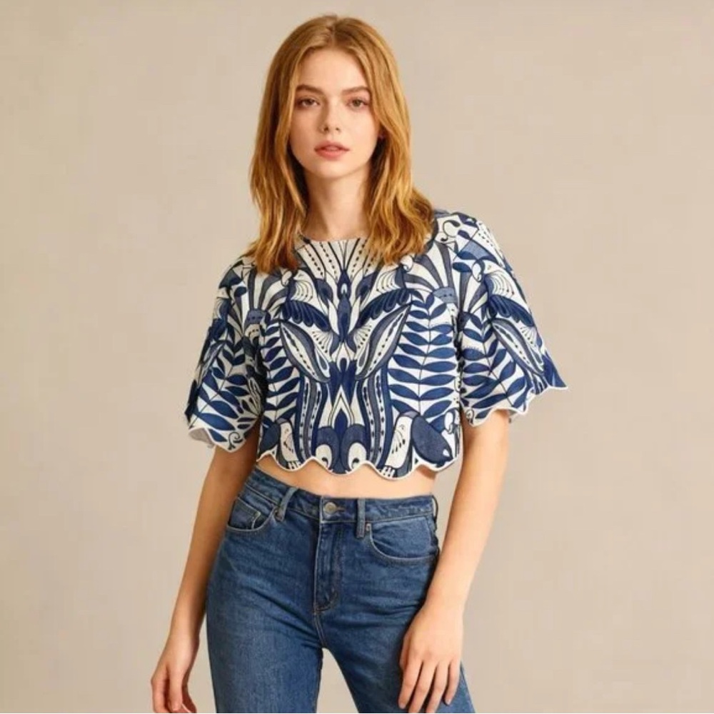 FARM Rio Blue and White Printed Scallop Crop Top